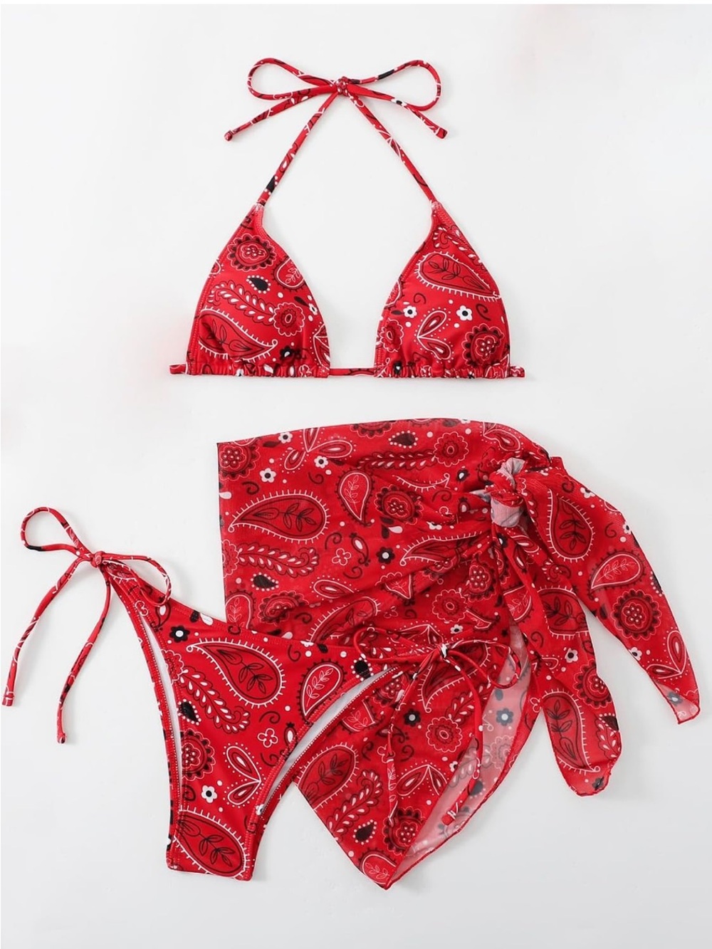 Red Bandana Print Triangle Bikini Set with Sarong